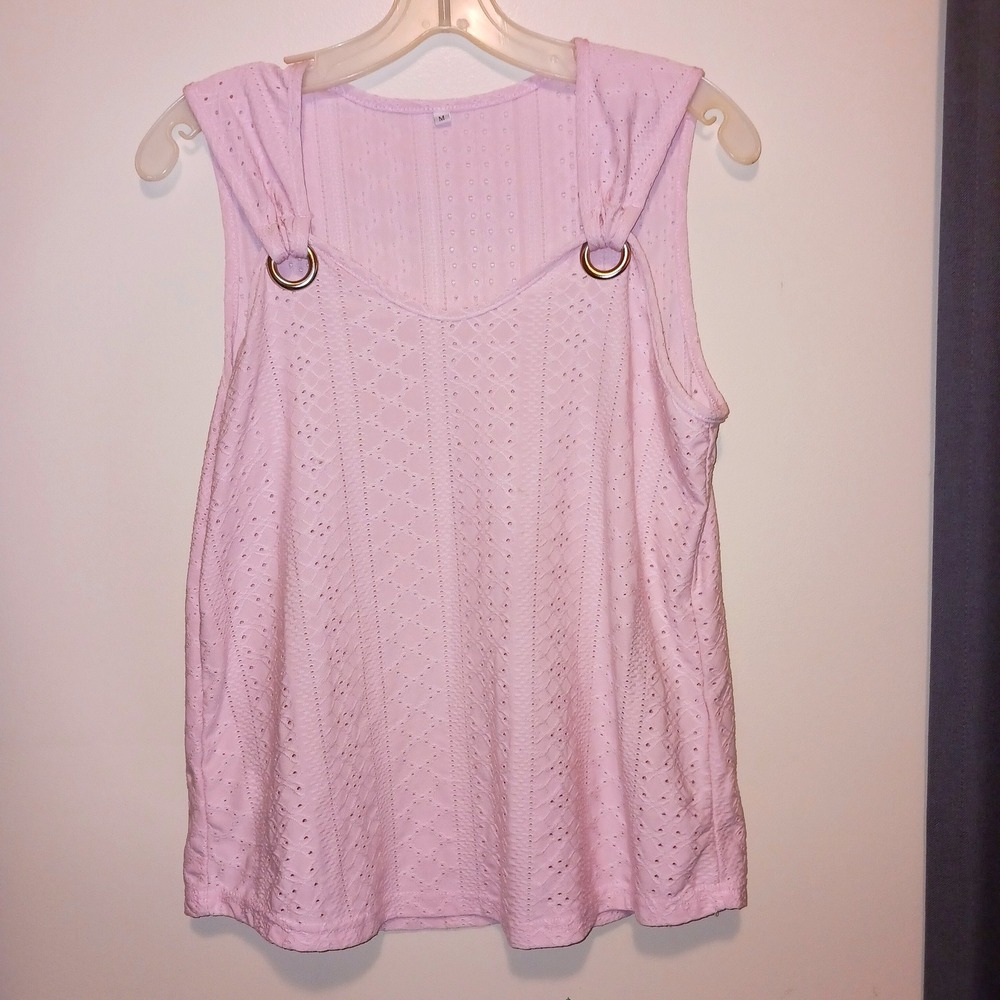 Cottagecore Boho Coquette Romantic Pink Eyelet Knit Tank Top Metal Ring M - Picture 2 of 5
